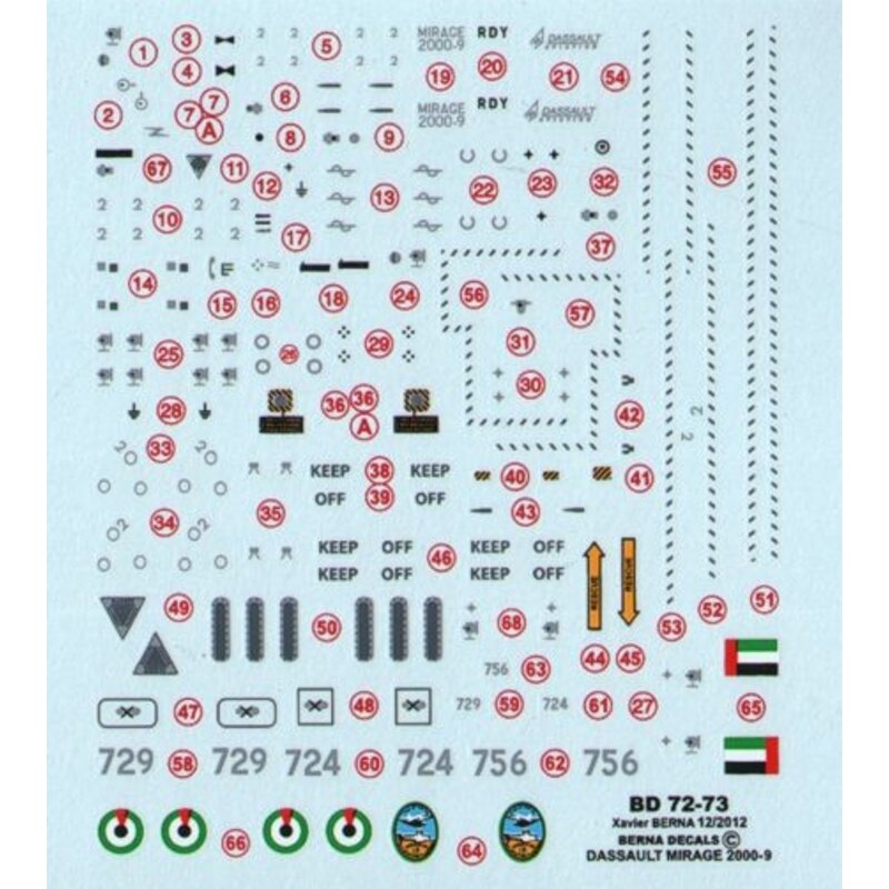 Decalcomania Dassault Mirage 2000-9EAD of United Arab Emirates Air Force : n°724 Dubai 11/2011, n°729 Dubai 11/2011, n°756 seen 