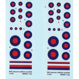 Decalcomania RAF Post-war Red & Blue roundels, 2 sets diameter: 12, 18, 24, 30, 36, 48˝, 8˝ and 18˝ fin flash stripes