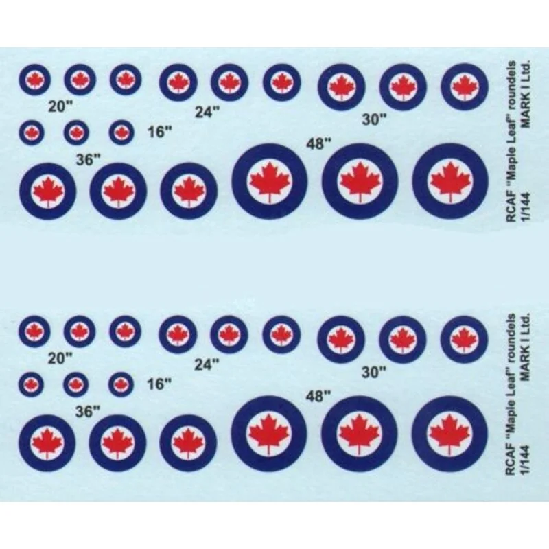 Decalcomania RCAF Maple Leaf roundels, 2 sets diameter: 16; 20; 24; 30; 36; 48˝