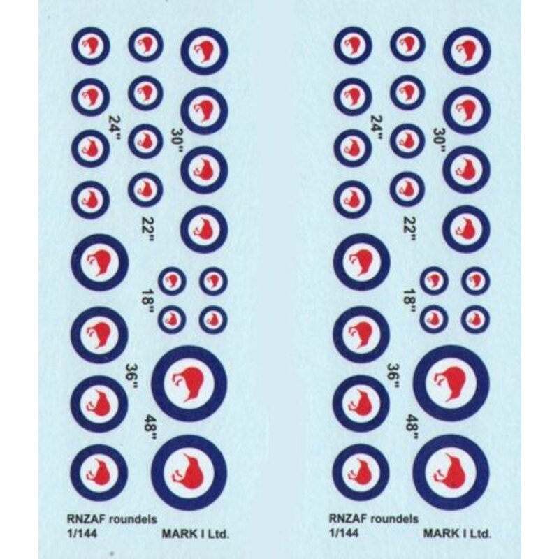 Decalcomania RNZAF roundels, 2 sets diameter: 18; 22; 24; 30; 36; 48˝