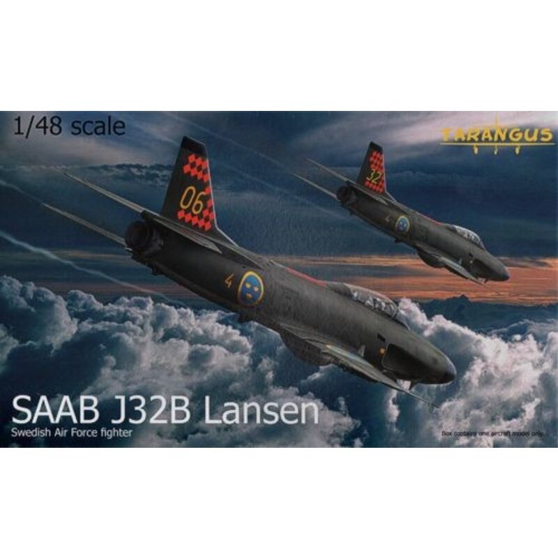 Saab J-32B Lansen. This kit has a completely new fuselage, new resin exhaust and new ejection seats. The box art is by the artis