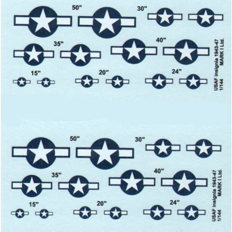 Decalcomania USAF Insignia, 1943-47, 2 sets diameter: 15; 20; 24; 30; 35; 40; 50˝