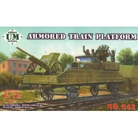 Armoured train platform railway wagon with field gun and rocket launching truck