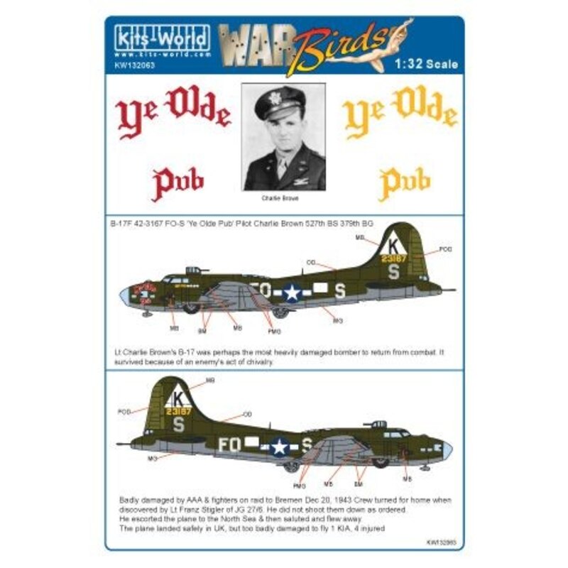 Decalcomania Boeing B-17F Flying Fortress 42-3167 FO-S K Ye Olde Pub 527 BG BS/379th Consigliato HK Modello KIT