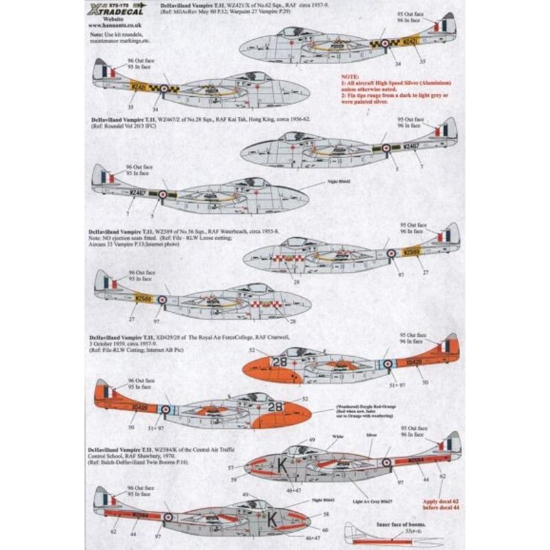 Decalcomania de Havilland Vampire T.11 UK Part 1 (14) WZ421 / X 62 Sqn 1957 WZ467 / Z 28 Sqn RAF Kai Tak, Hong Kong 1956 WX589 5