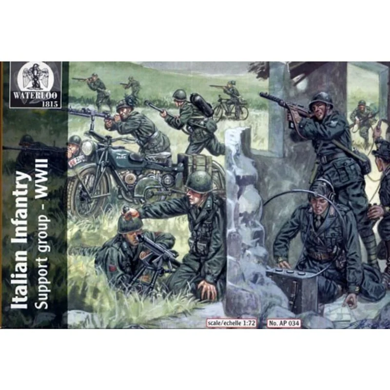 Italian Infantry Support Group (34 pieces) Includes 2 each motorbike radio operators machine gun crew bycycle and rider etc