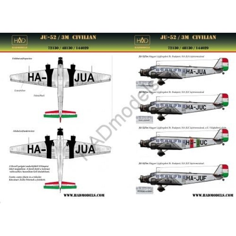 Decalcomania Junkers Ju 52 civili ( HA- JUA , UCS -HA , HA- JUF )