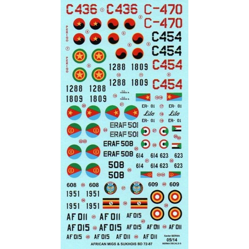 Decalcomania African Air Force MiG & Sukhois: MiG-23ML C436, C454 rosso e nero e C-470 Angola - MiG-23 miliardi ER-01 Lilo, ERAF