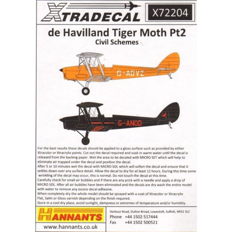 Decalcomania de Havilland Tiger Moth DH.82A Pt 2 negli schemi Colourful civili. (9) ZK-BFH Croydon Aircraft Works, Manderfield A