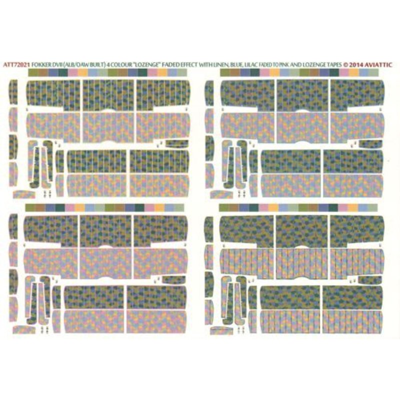 Decalcomania Fokker D.VII (alb / OAW costruito) 4 colori losanga effetto lino sbiadito, blu, lilla sbiadito al rosa e nastri los