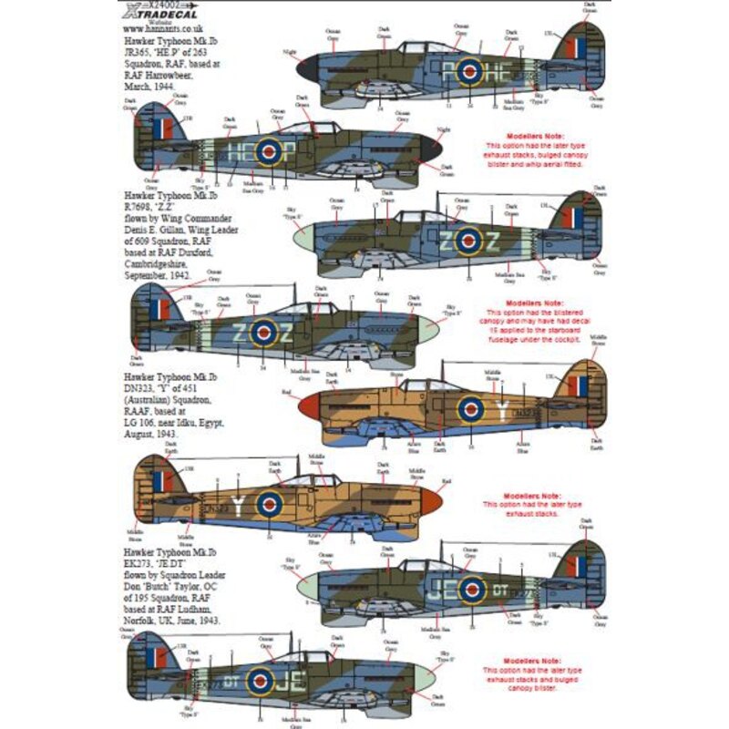 Decalcomania Hawker Typhoon Mk.Ib Sportello d'auto (5) JR365 HE-P 263 Sqn RAF Harrowbeer 1944 - R7698 ZZ 609 Sqn Wng / Co Denis 