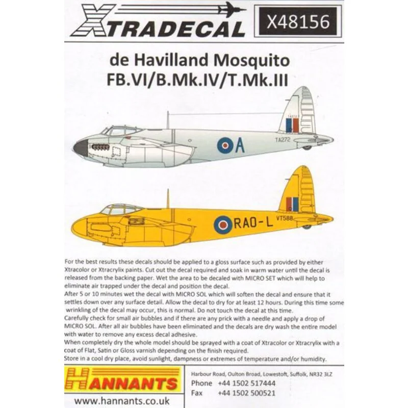 Decalcomania de Havilland Mosquito T.Mk.III, B.Mk.IV, FB.Mk.VI, (7) Mosquito T.Mk.III TV970 FK-V20 Sqn RA Wittering 1946 - T.3 V