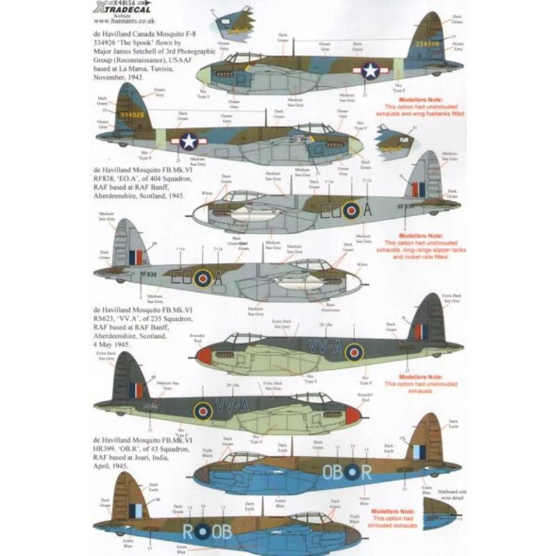 Decalcomania de Havilland Mosquito T.Mk.III, B.Mk.IV, FB.Mk.VI, (7) Mosquito T.Mk.III TV970 FK-V20 Sqn RA Wittering 1946 - T.3 V