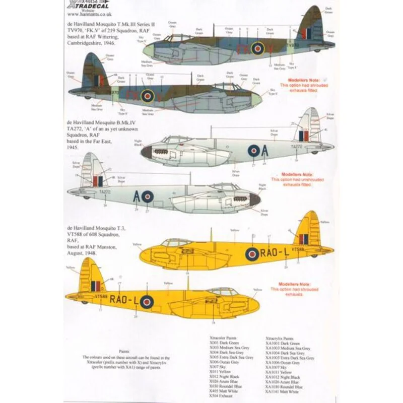 Decalcomania de Havilland Mosquito T.Mk.III, B.Mk.IV, FB.Mk.VI, (7) Mosquito T.Mk.III TV970 FK-V20 Sqn RA Wittering 1946 - T.3 V