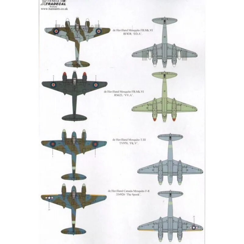 Decalcomania de Havilland Mosquito T.Mk.III, B.Mk.IV, FB.Mk.VI, (7) Mosquito T.Mk.III TV970 FK-V20 Sqn RA Wittering 1946 - T.3 V