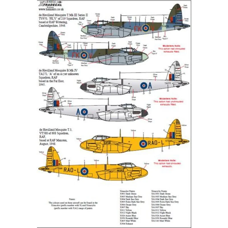 Decalcomania de Havilland Mosquito T.Mk.III, B.Mk.IV, FB.Mk.VI, (7) Mosquito T.Mk.III TV970 FK-V20 Sqn RA Wittering 1946 - T.3 V