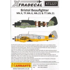 Decalcomania Bristol Beaufighter Mk.XX72227 Bristol Beaufighter Mk.X, TF Mk.X, Mk.21, TT Mk.21 (10) Mk.X KW393 / W 27 Sqn Burma 