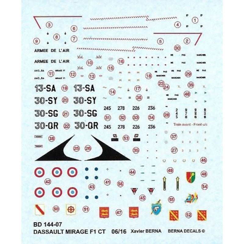 Decalcomania Dassault Mirage F.1 CT: 13-SA, 30-SY, 30-SG, 30-QR (4 piani)