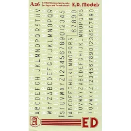 Decalcomania RAF Code Letters for Panavia Tornados and Sepecat Jaguars black/white outline for BAC/EE Lightnings white (RAF code