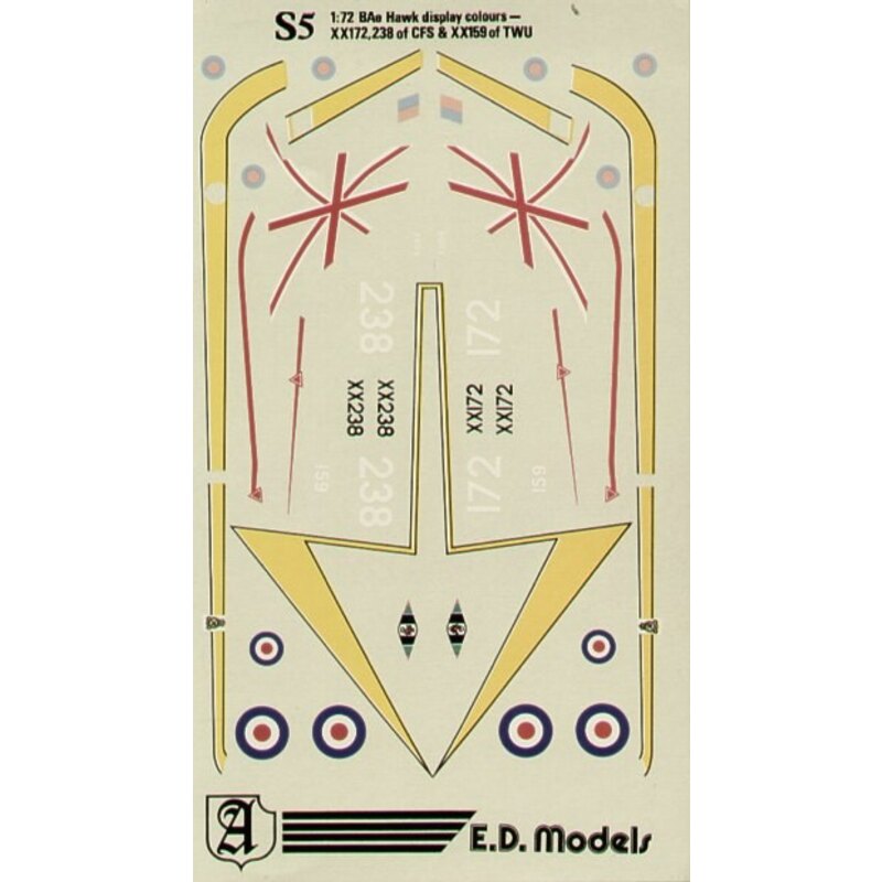 Decalcomania 1987 RAF BAe Hawk Airshow display aircraft. XX159 and Union Jack Fin XX172 & XX238