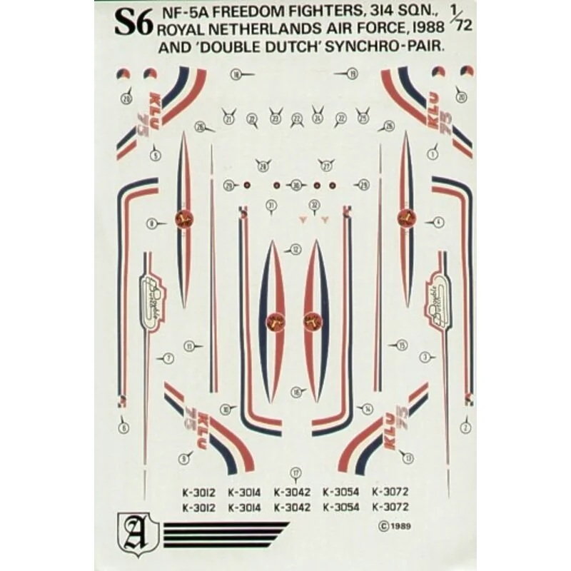 Decalcomania Northrop NF-5A Royal Netherlands Air Force. 314 Squadron Display aircraft and ′Double Dutch′ synchro pair