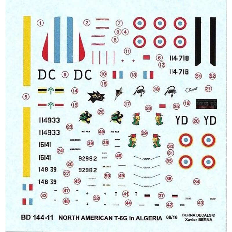 Decalcomania Nord-americano T-6G francese in Algeria: 51-14.933 di EALA 3/1 'aria Pluto & Wasp' nel 1961, 51-14.718 di EALA 19/7