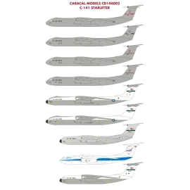 Decalcomania Lockheed C-141B Starlifter. Questa scheda molto completo in scala 1/144 prevede la copertura per il versatile C-141