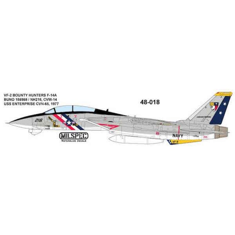 Decalcomania Grumman F-14A Tomcat cacciatori VF-2 Bounty BUNO 158988 / NH216 CVW-14 USS Enterprise CVN-65 1977